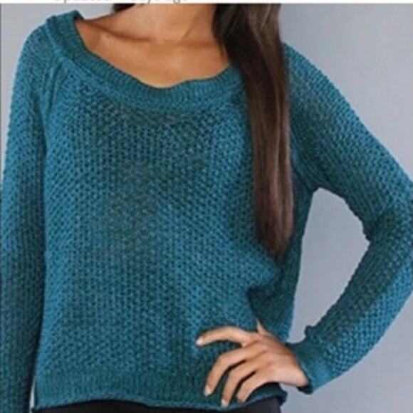 Free People Chunky Knit Wide-Neck Pullover Sweater Size: Small Color: Teal - Picture 1 of 10